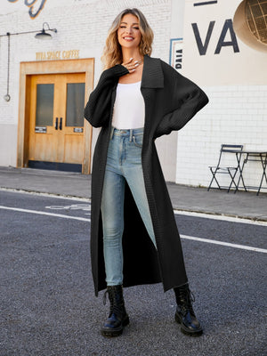 Longline knit collar cardigan in black acrylic with a relaxed fit and open front.