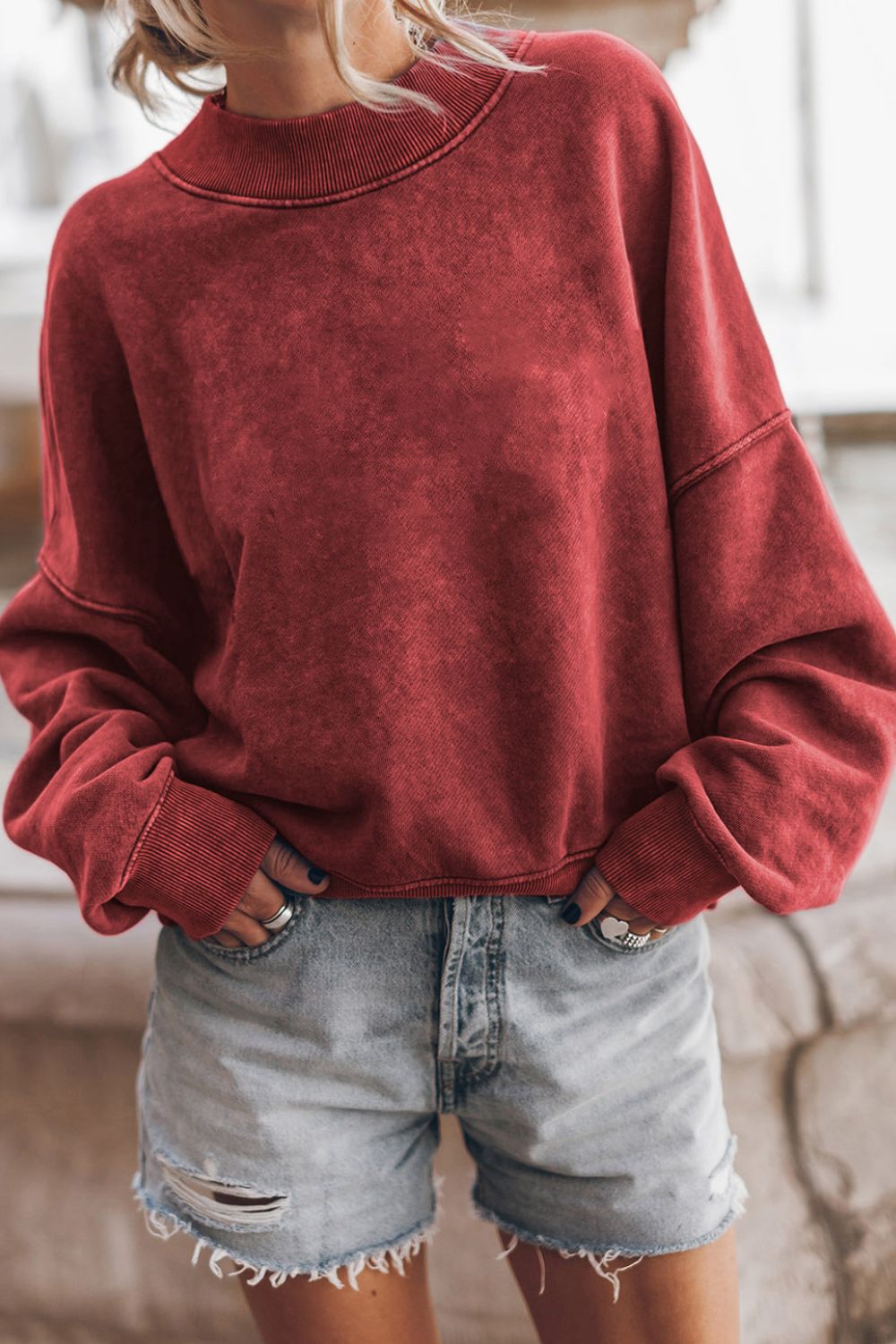 Acid wash mock neck sweatshirt in Deep Red with ribbed cuffs and neckline.