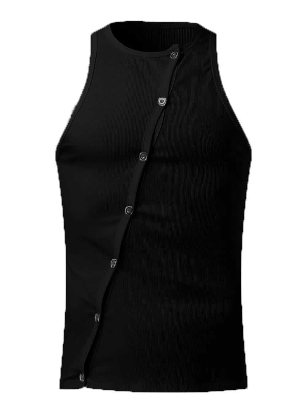 Black ribbed tank top with asymmetric button-up detail