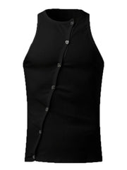 Black ribbed tank top with asymmetric button-up detail