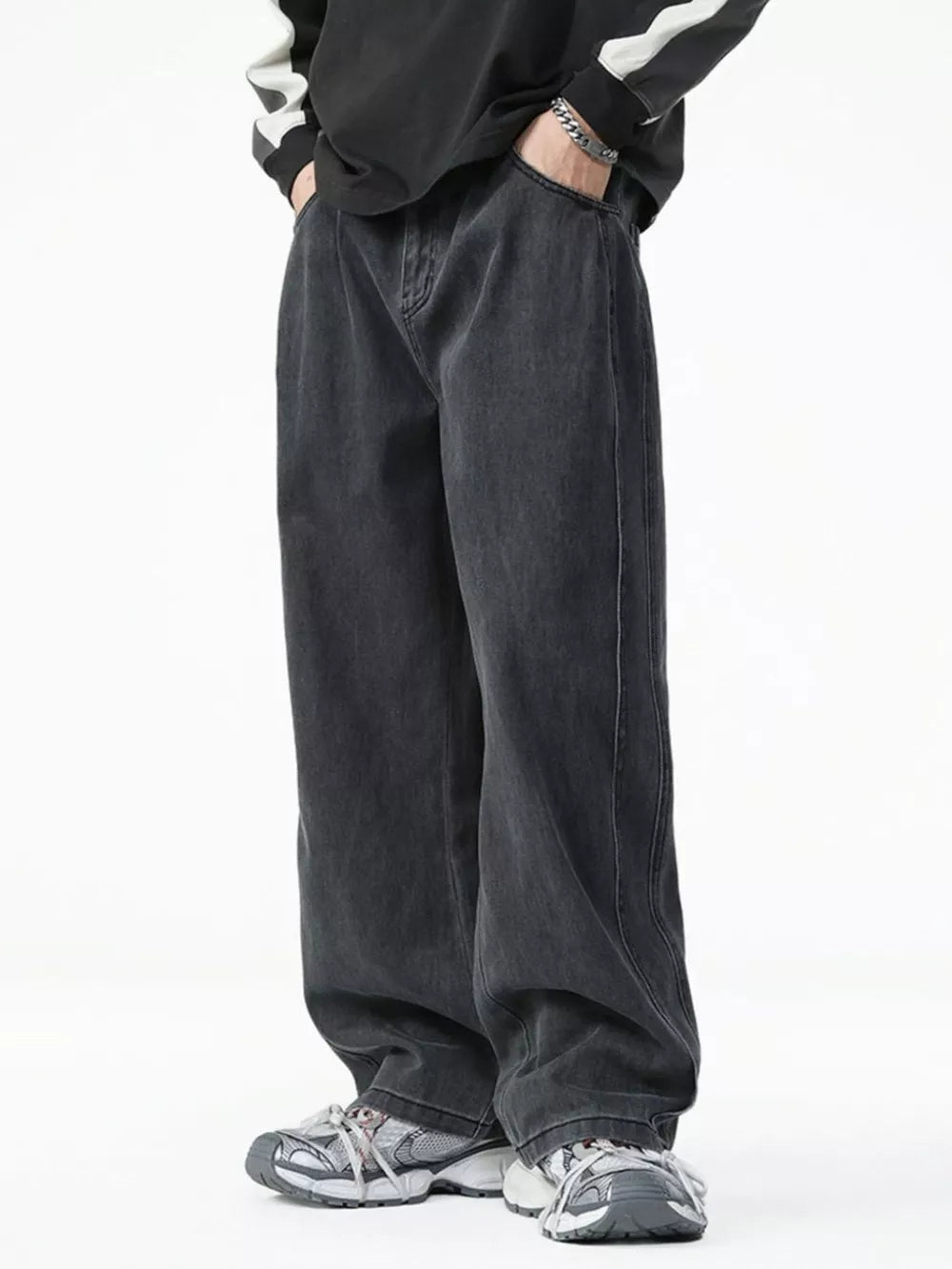 Men's dark wash cotton wide-leg jeans with a casual fit.