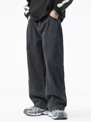 Men's dark wash cotton wide-leg jeans with a casual fit.