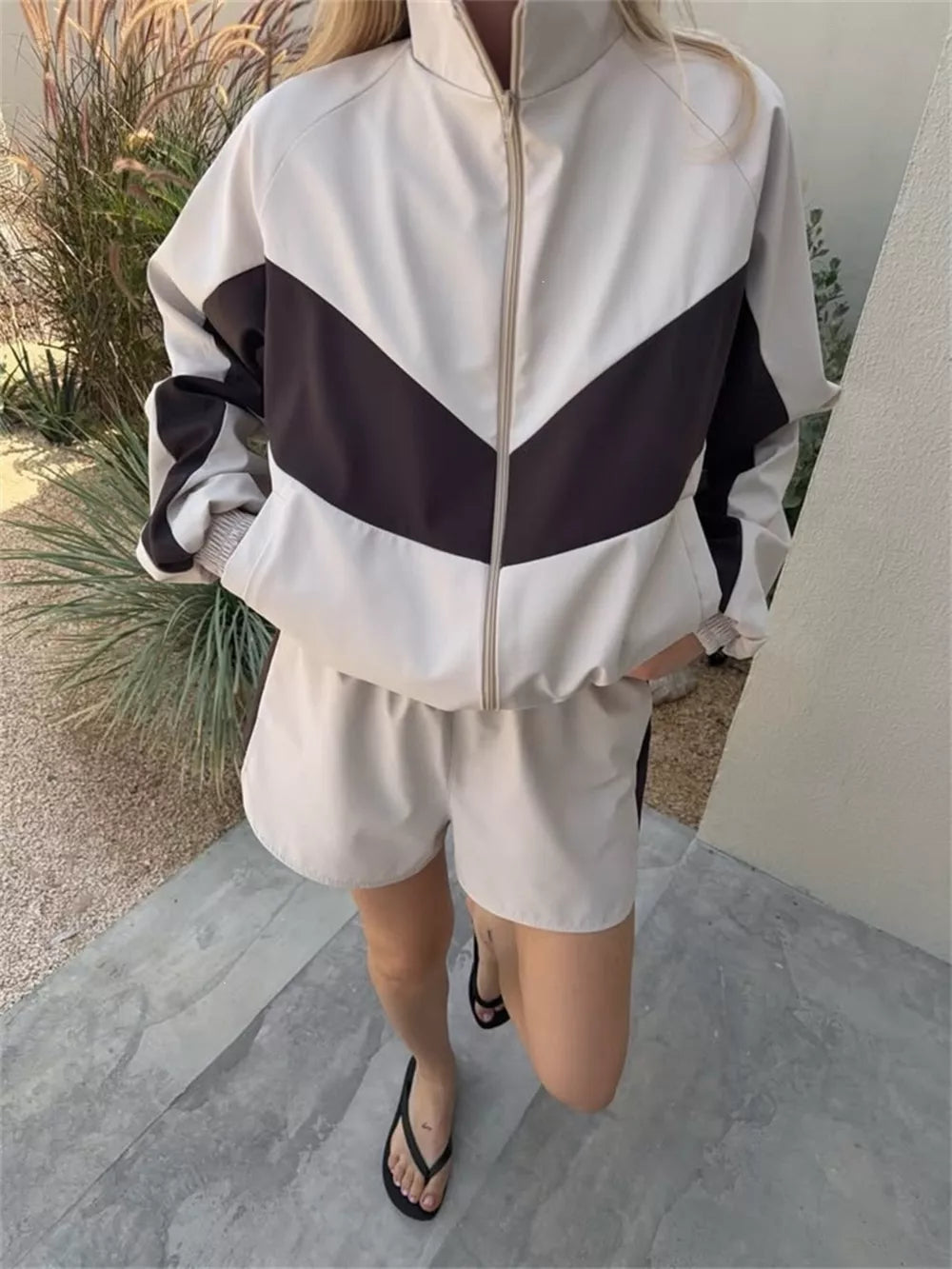 Color Block Zip Up Outerwear And Shorts Set in Green, front view