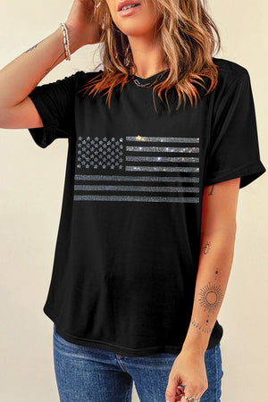 Black cotton-blend tee with embellished crystal American flag design.