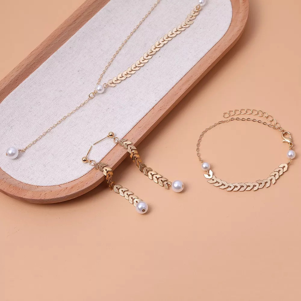 Wheat-spike 18k Gold-plated Faux Pearl Jewelry Set in Gold, product detail