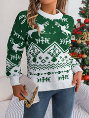 Green acrylic knit sweater with reindeer and snowflake Fair Isle pattern.