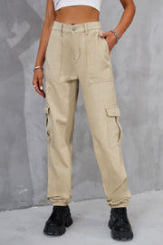 Tan utility cargo trousers with elasticated cuffs and multiple pockets.