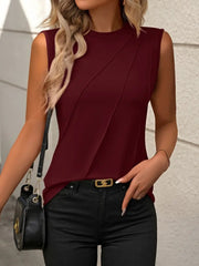 Burgundy sleeveless top with diagonal seam detail and crew neck.
