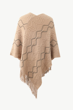 Khaki knit poncho with geometric pattern and fringe detail