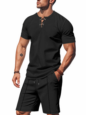 Black lace-up V-neck t-shirt and drawstring shorts set for men.