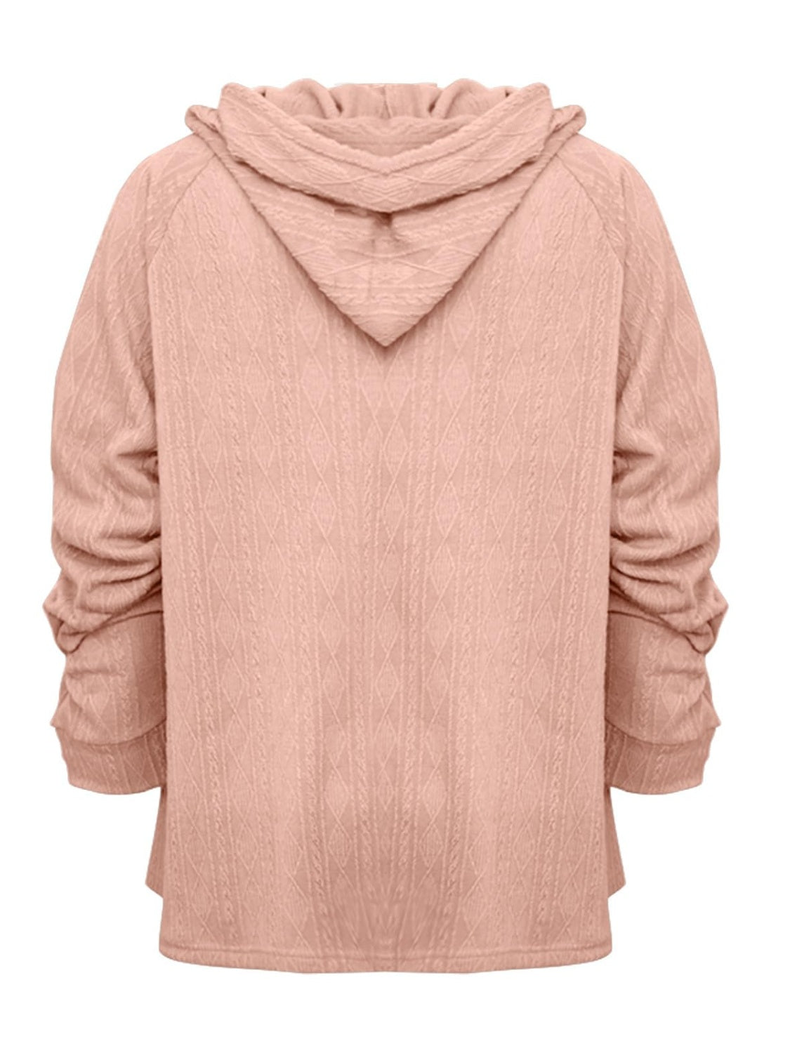 Textured knit raglan hoodie in watermelon pink with ruched sleeves.