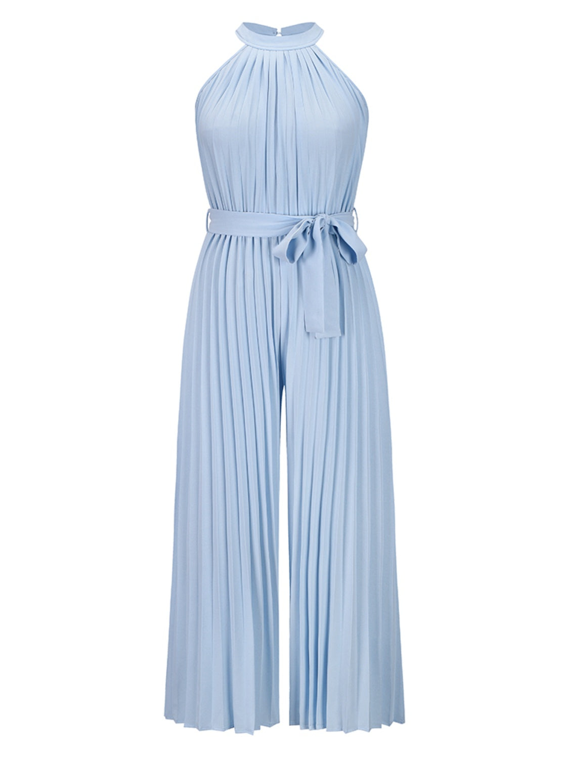 Light blue halter neck pleated palazzo jumpsuit with tie waist