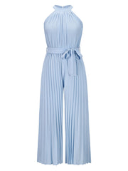 Light blue halter neck pleated palazzo jumpsuit with tie waist