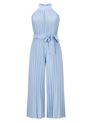 Light blue halter neck pleated palazzo jumpsuit with tie waist