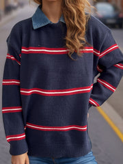 Nautical stripe knit crewneck pullover with red and white stripes on indigo acrylic.