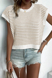 Sleeveless knit tank top with horizontal tan and white stripes and a crew neck.