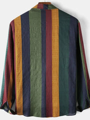 Colorblock stripe linen button-down shirt with bold vertical stripes in green, yellow, navy, and burgundy.