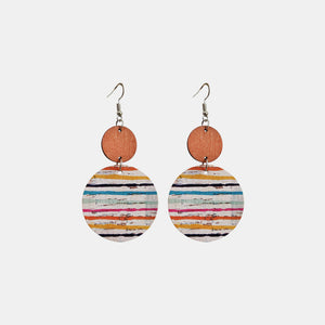 Cork and wood stripe disc earrings with boho casual style