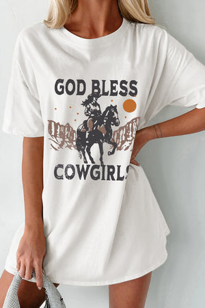 White cotton graphic tee dress with cowgirl and western landscape print.