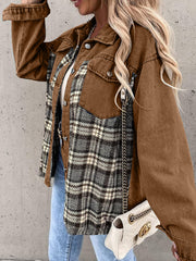 Brown denim jacket with plaid paneling, button front, and chest pockets.