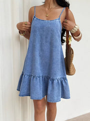 Casual Spaghetti Strap Ruffle Hem Denim Dress in Blue, close-up detail