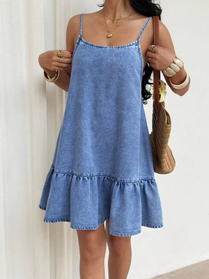 Casual Spaghetti Strap Ruffle Hem Denim Dress in Blue, close-up detail