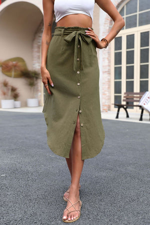 Olive asymmetric midi skirt with tie waist and button front