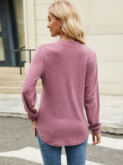 Crew neck top in Moonlit Mauve with vertical seam detail and curved hem.