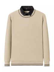 Beige ribbed knit sweater with collar and black trim details
