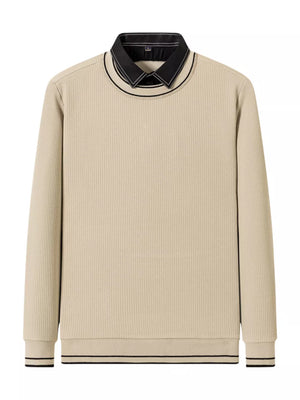 Beige ribbed knit sweater with collar and black trim details