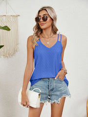 Blue eyelet overlay strappy V-neck tank top with double spaghetti straps.