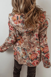 Floral paisley hooded jacket with sherpa lining, shown from the back.