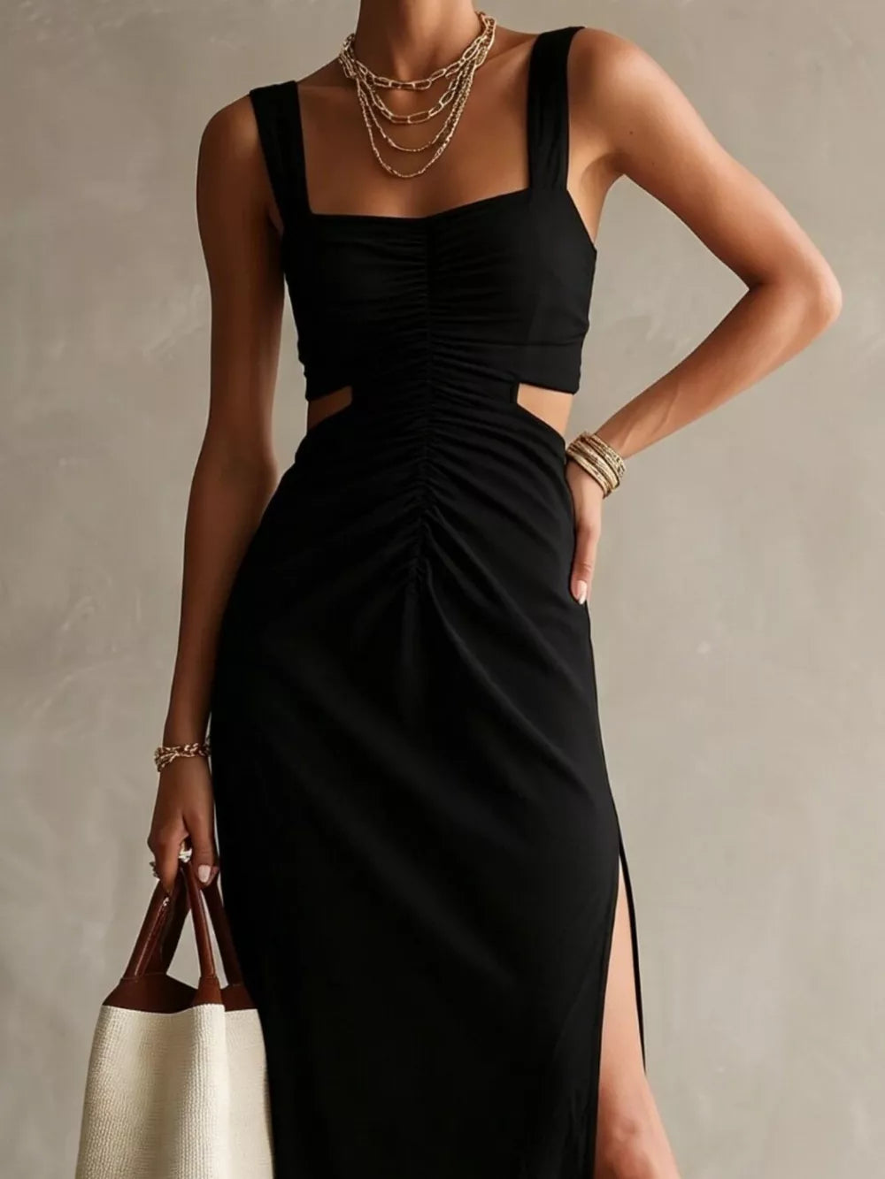 Ruched Cut-out Midi Dress in Khaki, fit detail