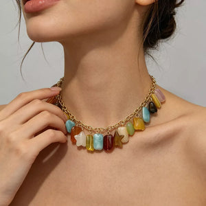 Bohemian Multi-color Gemstone 18k Gold-plated Necklace in Gold, side view