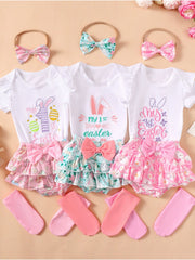 Baby girl ruffled bodysuit and skirt sets with Easter bunny prints and bows.