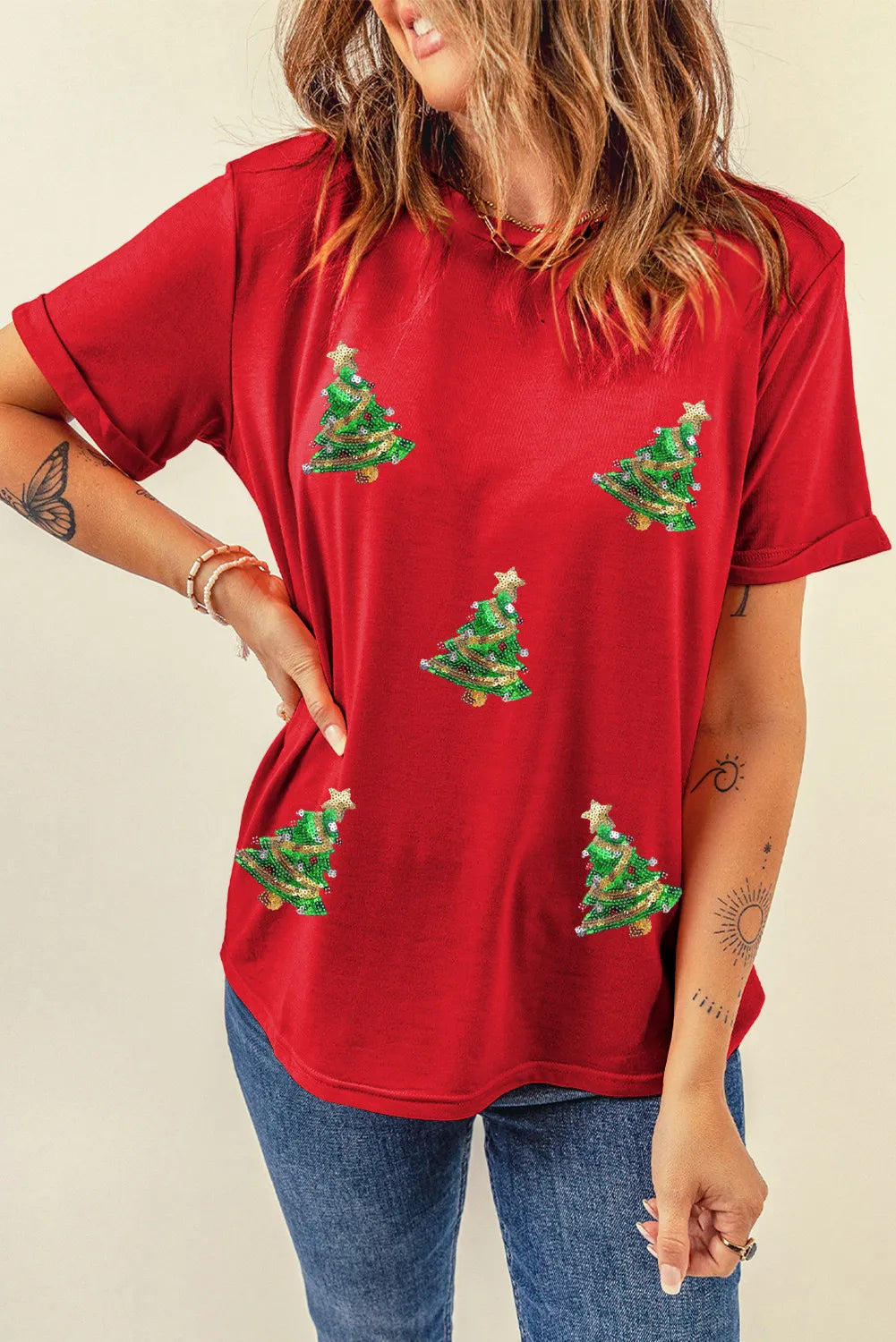 Red cotton blend t-shirt with all-over sequin Christmas tree motif.