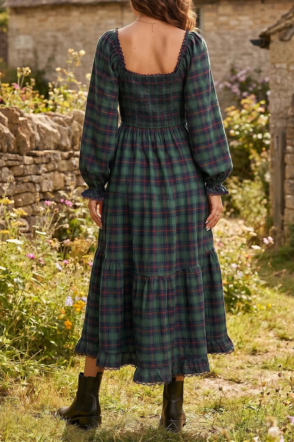 Plaid Long Sleeve Tiered Midi Dress in Black Forest, side view