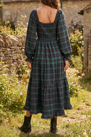 Plaid Long Sleeve Tiered Midi Dress in Black Forest, side view