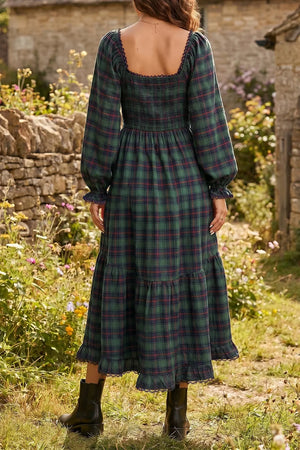 Plaid Long Sleeve Tiered Midi Dress in Black Forest, side view