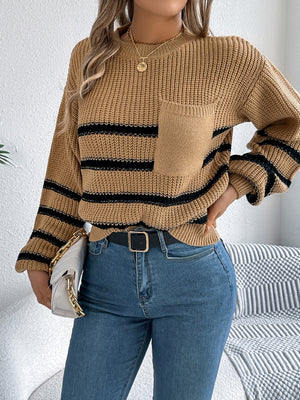 Caramel knit sweater with black stripes and a chest pocket.