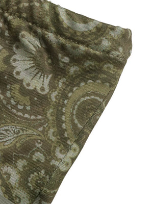 Vibrant paisley print bandeau top in olive green with a subtle sheen.