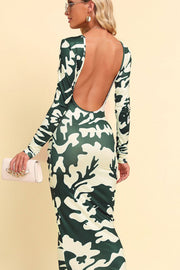 Sculpted camo backless maxi dress with long sleeves in green camouflage pattern.