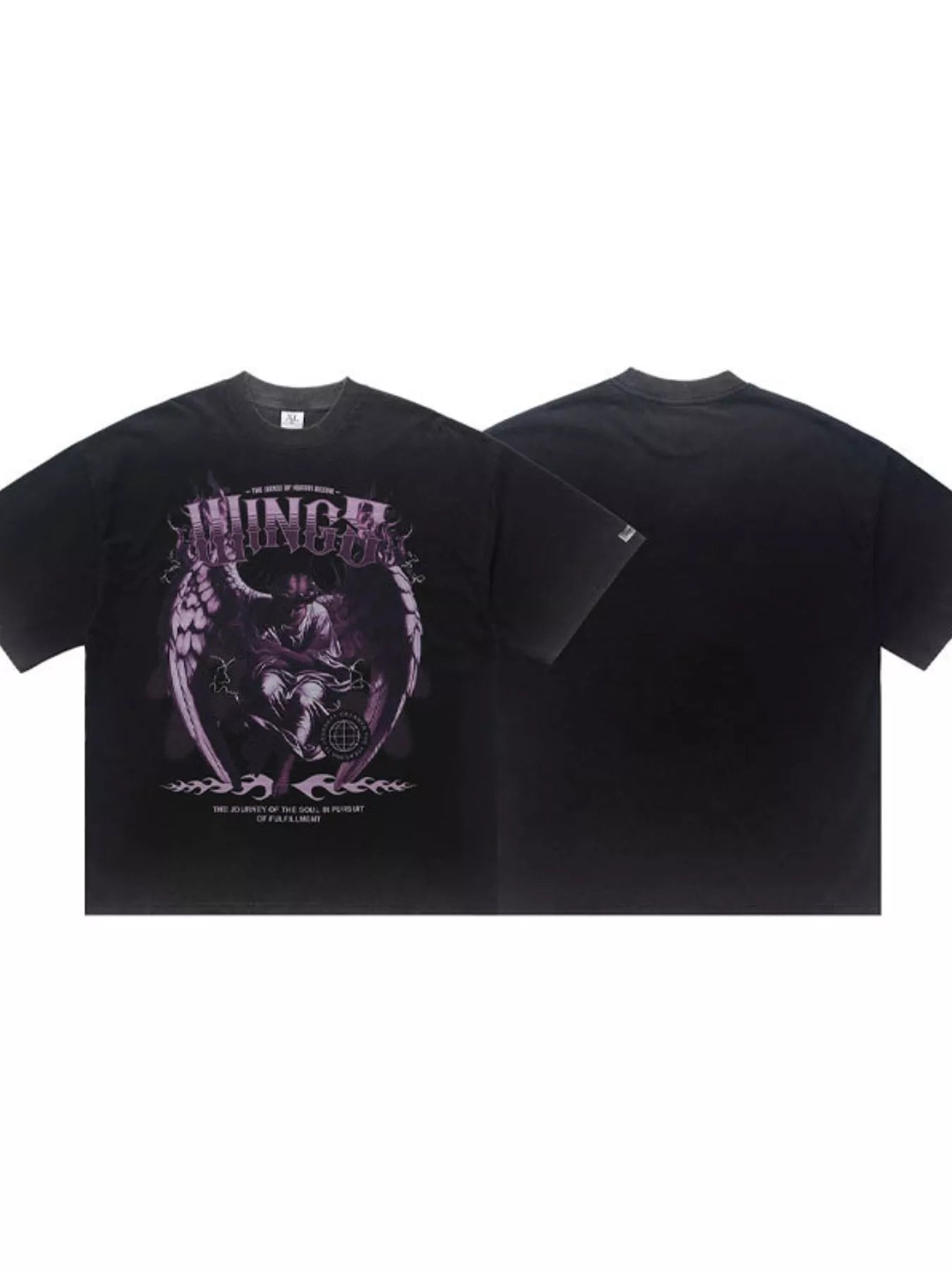 Oversized black cotton blend graphic tee with angel and flame print