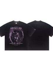 Oversized black cotton blend graphic tee with angel and flame print