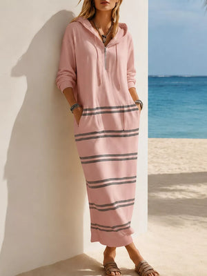 Casual Striped Drawstring Hooded Dress in White, model styling view