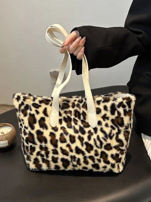Fuzzy leopard print shopper bag with blush handles
