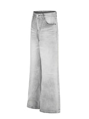 Men's gray vintage wash wide leg jeans with a relaxed fit.