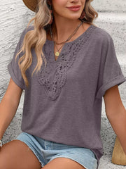 Relaxed fit t-shirt in purple with lace trim neckline and short sleeves.