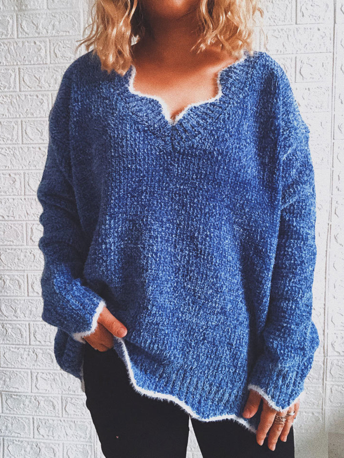 Royal Blue V-neck knit sweater with scalloped trim and fuzzy texture.