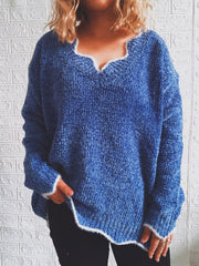 Royal Blue V-neck knit sweater with scalloped trim and fuzzy texture.